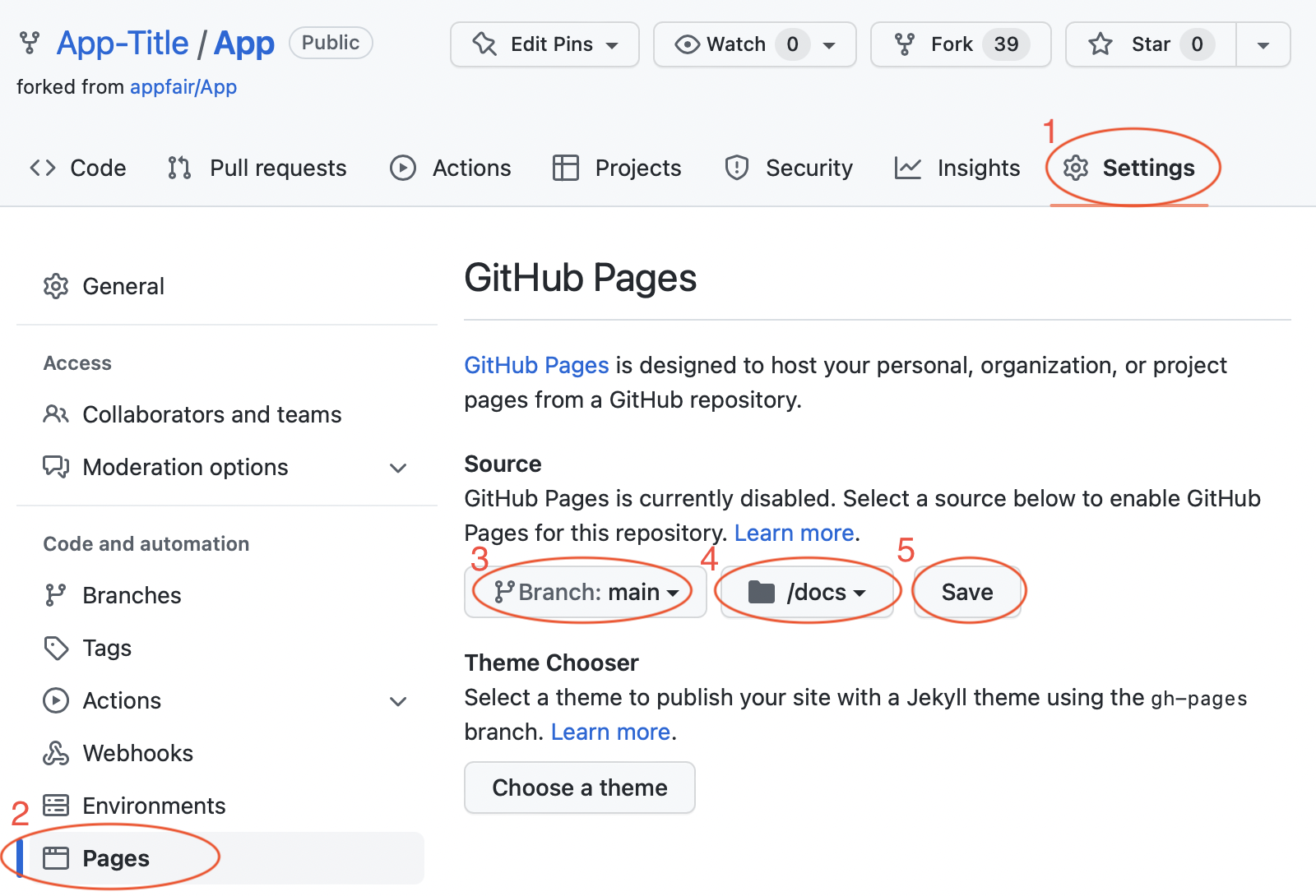 GitHub page settings screen